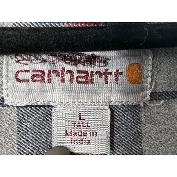 CARHARTT Shirt Men's Size L Tall Grey Blue Red Hubbard Plaid Long Sleeve - Picture 7 of 8